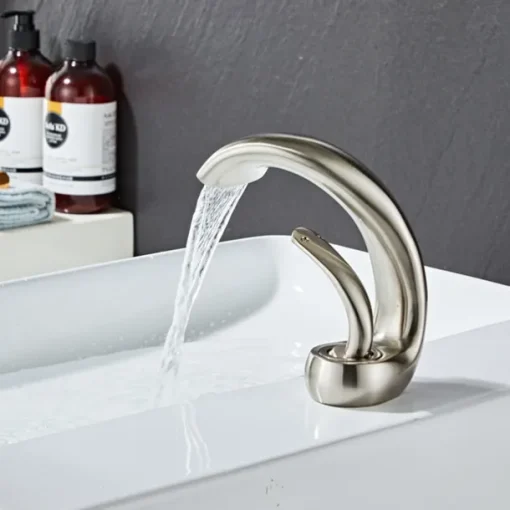 Waterfall Bathroom Sink Mixer Faucet Deck Mount, Mono Wash Basin Single Handle Basin Taps Washroom with Hot and Cold Hose, Monobloc Vessel Water Brass Tap Black White Chrome Brushed