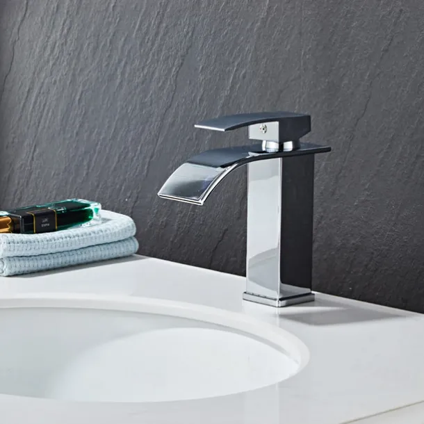 Waterfall Bathroom Sink Mixer Faucet, Washroom Mono Basin Taps Single Handle Deck Mounted Chrome Black Brushed, with Cold and Hot Hose Monobloc Water Tap