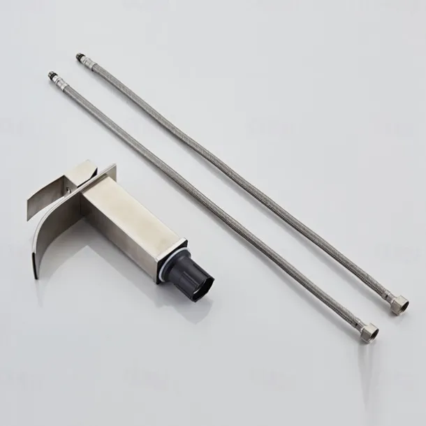 Waterfall Bathroom Sink Mixer Faucet, Washroom Mono Basin Taps Single Handle Deck Mounted Chrome Black Brushed, with Cold and Hot Hose Monobloc Water Tap