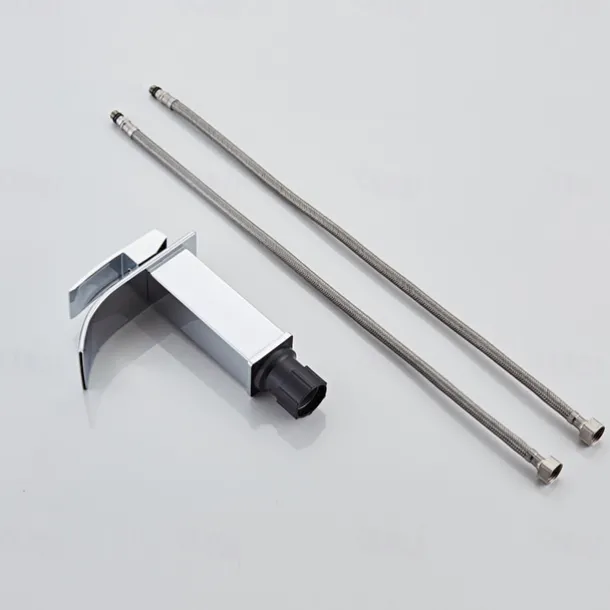 Waterfall Bathroom Sink Mixer Faucet, Washroom Mono Basin Taps Single Handle Deck Mounted Chrome Black Brushed, with Cold and Hot Hose Monobloc Water Tap