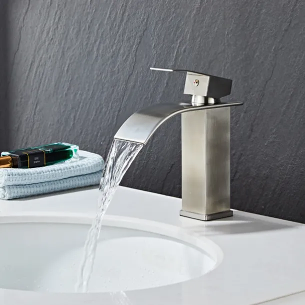 Waterfall Bathroom Sink Mixer Faucet, Washroom Mono Basin Taps Single Handle Deck Mounted Chrome Black Brushed, with Cold and Hot Hose Monobloc Water Tap