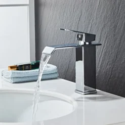 Waterfall Bathroom Sink Mixer Faucet, Washroom Mono Basin Taps Single Handle Deck Mounted Chrome Black Brushed, with Cold and Hot Hose Monobloc Water Tap