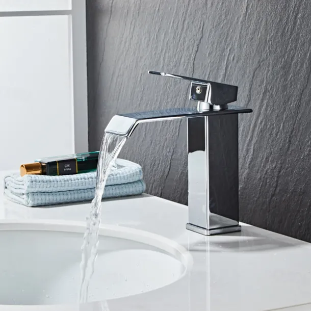 Waterfall Bathroom Sink Mixer Faucet, Washroom Mono Basin Taps Single Handle Deck Mounted Chrome Black Brushed, with Cold and Hot Hose Monobloc Water Tap