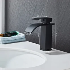 Waterfall Bathroom Sink Mixer Faucet, Washroom Mono Basin Taps Single Handle Deck Mounted Chrome Black Brushed, with Cold and Hot Hose Monobloc Water Tap