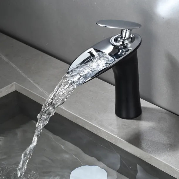Waterfall Bathroom Sink Mixer Faucet, Mono Wash Basin Single Handle Basin Taps with Hot and Cold Hose Monobloc Vessel Water Brass Tap Deck Mounted