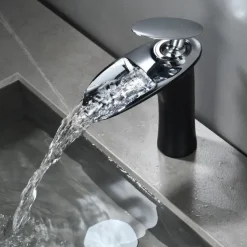 Waterfall Bathroom Sink Mixer Faucet, Mono Wash Basin Single Handle Basin Taps with Hot and Cold Hose Monobloc Vessel Water Brass Tap Deck Mounted
