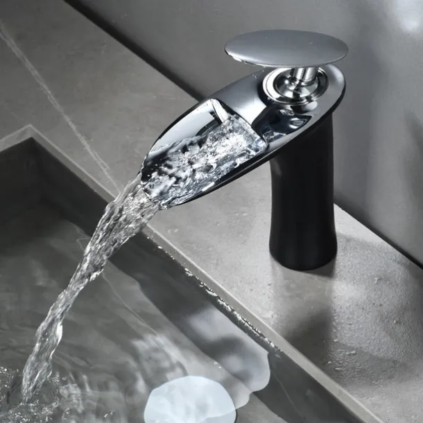 Waterfall Bathroom Sink Mixer Faucet, Mono Wash Basin Single Handle Basin Taps with Hot and Cold Hose Monobloc Vessel Water Brass Tap Deck Mounted