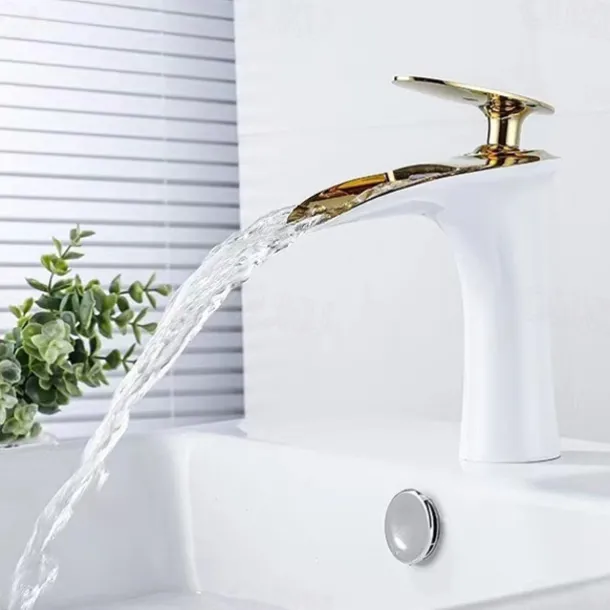 Waterfall Bathroom Sink Mixer Faucet, Mono Wash Basin Single Handle Basin Taps with Hot and Cold Hose Monobloc Vessel Water Brass Tap Deck Mounted