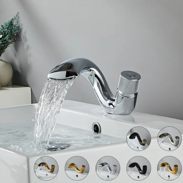 Waterfall Bathroom Sink Mixer Faucet, Mono Wash Basin Single Handle Basin Taps, Monobloc Vessel Water Brass Tap Deck Mounted with Hot and Cold Hose