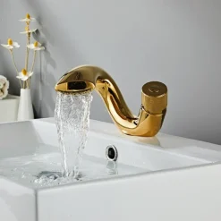 Waterfall Bathroom Sink Mixer Faucet, Mono Wash Basin Single Handle Basin Taps, Monobloc Vessel Water Brass Tap Deck Mounted with Hot and Cold Hose
