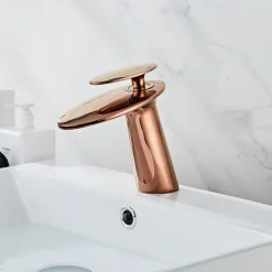 Waterfall Bathroom Sink Mixer Faucet, Monobloc Washroom Basin Taps Single Handle One Hole Deck Mounted with Hot and Cold Water Hose