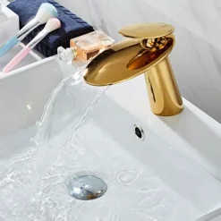 Waterfall Bathroom Sink Mixer Faucet, Monobloc Washroom Basin Taps Single Handle One Hole Deck Mounted with Hot and Cold Water Hose