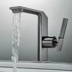 Waterfall Bathroom Sink Mixer Faucet Brass, Single Handle Washroom Basin Taps One Hole Faucets with Hot and Cold Hose, Waterfall Spout Brass Bathroom Tap Chrome Black Gold Grey