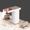 Waterfall Bathroom Sink Mixer Faucet LED Light Deck Mounted Brass, Widespread 2 Handle 3 Hole Washroom Basin Vessel Taps with Hot and Cold Water Hose