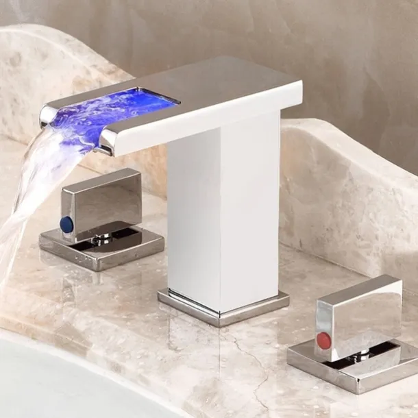 Waterfall Bathroom Sink Mixer Faucet LED Light Deck Mounted Brass, Widespread 2 Handle 3 Hole Washroom Basin Vessel Taps with Hot and Cold Water Hose