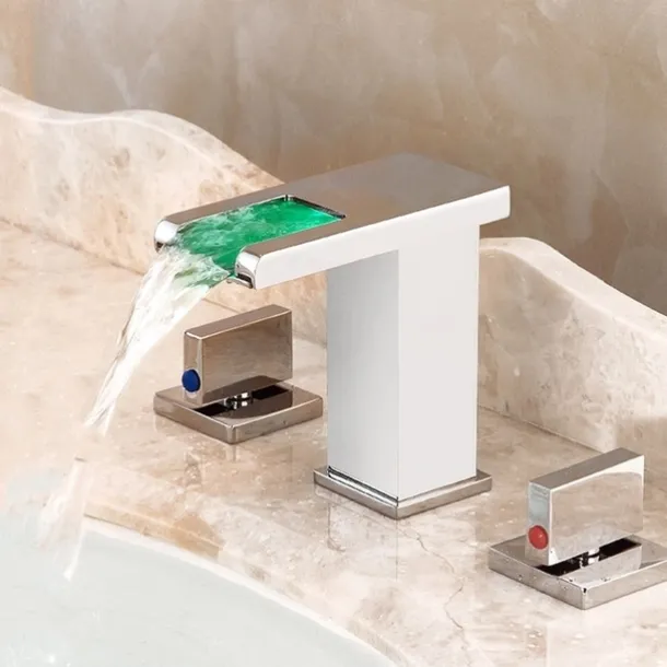 Waterfall Bathroom Sink Mixer Faucet LED Light Deck Mounted Brass, Widespread 2 Handle 3 Hole Washroom Basin Vessel Taps with Hot and Cold Water Hose