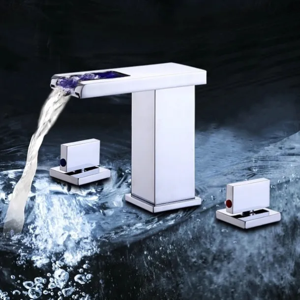 Waterfall Bathroom Sink Mixer Faucet LED Light Deck Mounted Brass, Widespread 2 Handle 3 Hole Washroom Basin Vessel Taps with Hot and Cold Water Hose