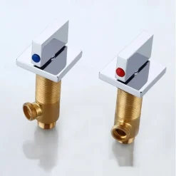 Waterfall Bathroom Sink Mixer Faucet LED Light Deck Mounted Brass, Widespread 2 Handle 3 Hole Washroom Basin Vessel Taps with Hot and Cold Water Hose