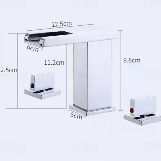 Waterfall Bathroom Sink Mixer Faucet LED Light Deck Mounted Brass, Widespread 2 Handle 3 Hole Washroom Basin Vessel Taps with Hot and Cold Water Hose