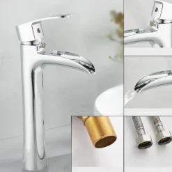 Waterfall Bathroom Sink Mixer Faucet Chrome, Tall Basin Mixer Taps Brass, Single Handle One Hole Tap with Hot and Cold Hose Deck Mounted Vessel Water Tap