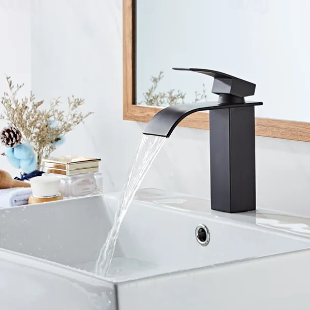 Waterfall Bathroom Sink Mixer Faucet Tall Short, Mono Wash Basin Single Handle Basin Taps, Washroom with Hot and Cold Hose Monobloc Vessel Water Brass Tap Deck Mounted Golden Black
