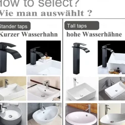 Waterfall Bathroom Sink Mixer Faucet Tall Short, Mono Wash Basin Single Handle Basin Taps, Washroom with Hot and Cold Hose Monobloc Vessel Water Brass Tap Deck Mounted Golden Black