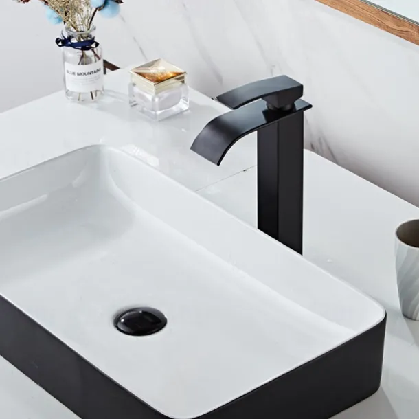 Waterfall Bathroom Sink Mixer Faucet Tall Short, Mono Wash Basin Single Handle Basin Taps, Washroom with Hot and Cold Hose Monobloc Vessel Water Brass Tap Deck Mounted Golden Black