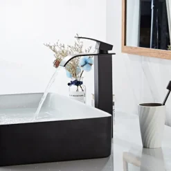 Waterfall Bathroom Sink Mixer Faucet Tall Short, Mono Wash Basin Single Handle Basin Taps, Washroom with Hot and Cold Hose Monobloc Vessel Water Brass Tap Deck Mounted Golden Black
