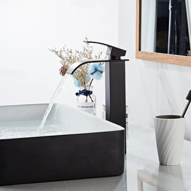 Waterfall Bathroom Sink Mixer Faucet Tall Short, Mono Wash Basin Single Handle Basin Taps, Washroom with Hot and Cold Hose Monobloc Vessel Water Brass Tap Deck Mounted Golden Black