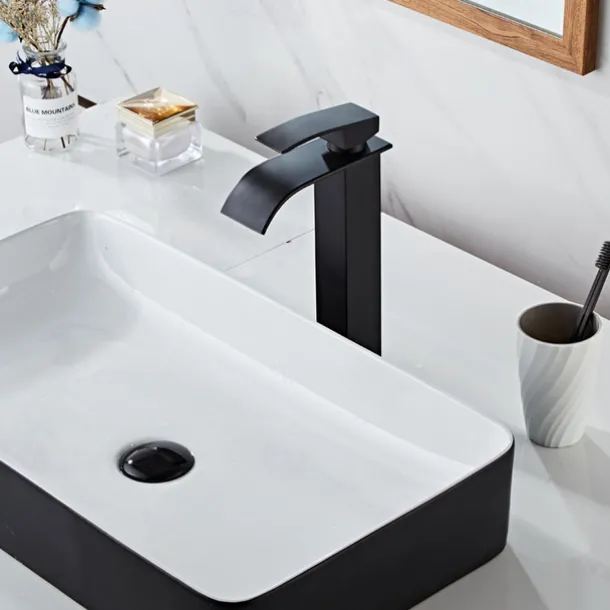 Waterfall Bathroom Sink Mixer Faucet Tall Short, Mono Wash Basin Single Handle Basin Taps, Washroom with Hot and Cold Hose Monobloc Vessel Water Brass Tap Deck Mounted Golden Black