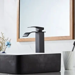 Waterfall Bathroom Sink Mixer Faucet Tall Short, Mono Wash Basin Single Handle Basin Taps, Washroom with Hot and Cold Hose Monobloc Vessel Water Brass Tap Deck Mounted Golden Black