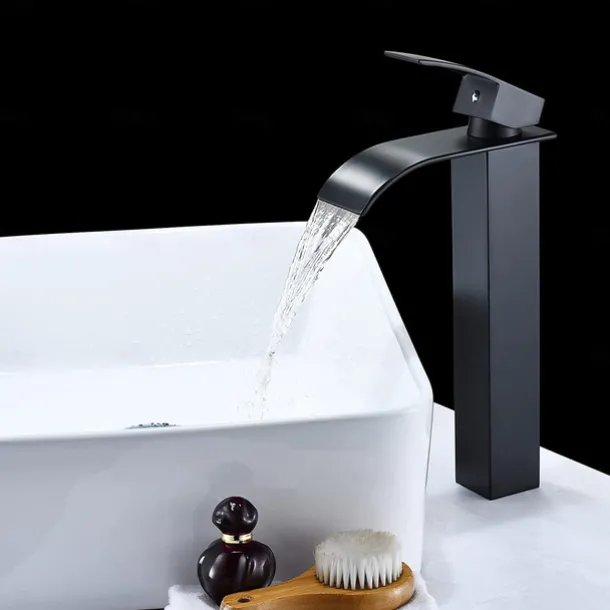 Waterfall Bathroom Sink Mixer Faucet Tall Short, Mono Wash Basin Single Handle Basin Taps, Washroom with Hot and Cold Hose Monobloc Vessel Water Brass Tap Deck Mounted Golden Black