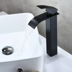 Waterfall Bathroom Sink Mixer Faucet Tall Short, Mono Wash Basin Single Handle Basin Taps, Washroom with Hot and Cold Hose Monobloc Vessel Water Brass Tap Deck Mounted Golden Black