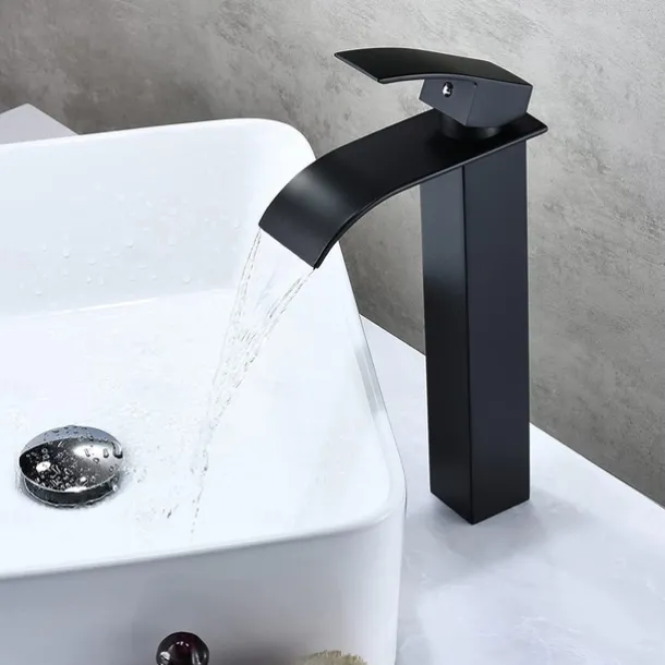 Waterfall Bathroom Sink Mixer Faucet Tall Short, Mono Wash Basin Single Handle Basin Taps, Washroom with Hot and Cold Hose Monobloc Vessel Water Brass Tap Deck Mounted Golden Black