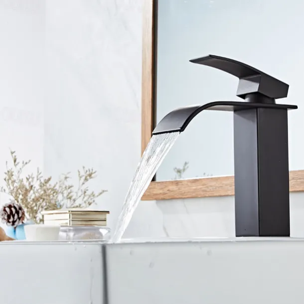 Waterfall Bathroom Sink Mixer Faucet Tall Short, Mono Wash Basin Single Handle Basin Taps, Washroom with Hot and Cold Hose Monobloc Vessel Water Brass Tap Deck Mounted Golden Black