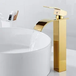 Waterfall Bathroom Sink Mixer Faucet Tall Short, Mono Wash Basin Single Handle Basin Taps, Washroom with Hot and Cold Hose Monobloc Vessel Water Brass Tap Deck Mounted Golden Black
