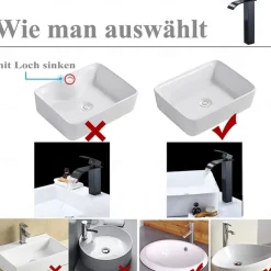 Waterfall Bathroom Sink Mixer Faucet Tall Short, Mono Wash Basin Single Handle Basin Taps, Washroom with Hot and Cold Hose Monobloc Vessel Water Brass Tap Deck Mounted Golden Black