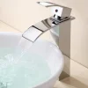 Waterfall Bathroom Sink Mixer Faucet Tall, Modern Style Brass Basin Taps Chrome Vessel Single Handle One Hole Bath Taps with Cold and Hot Water Hose