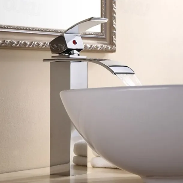 Waterfall Bathroom Sink Mixer Faucet Tall, Modern Style Brass Basin Taps Chrome Vessel Single Handle One Hole Bath Taps with Cold and Hot Water Hose