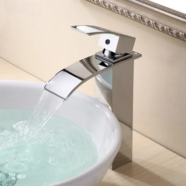 Waterfall Bathroom Sink Mixer Faucet Tall, Modern Style Brass Basin Taps Chrome Vessel Single Handle One Hole Bath Taps with Cold and Hot Water Hose