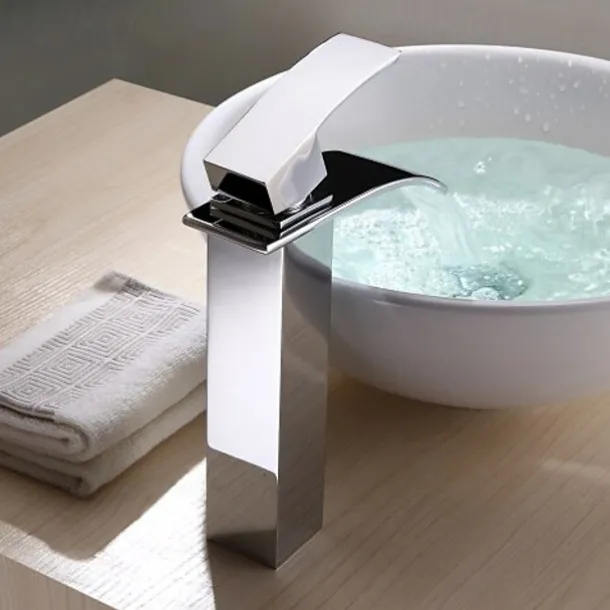Waterfall Bathroom Sink Mixer Faucet Tall, Modern Style Brass Basin Taps Chrome Vessel Single Handle One Hole Bath Taps with Cold and Hot Water Hose