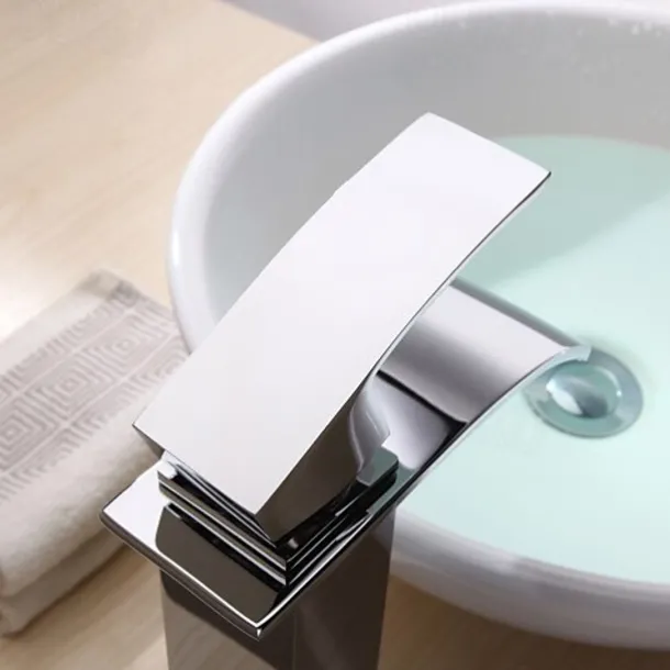 Waterfall Bathroom Sink Mixer Faucet Tall, Modern Style Brass Basin Taps Chrome Vessel Single Handle One Hole Bath Taps with Cold and Hot Water Hose