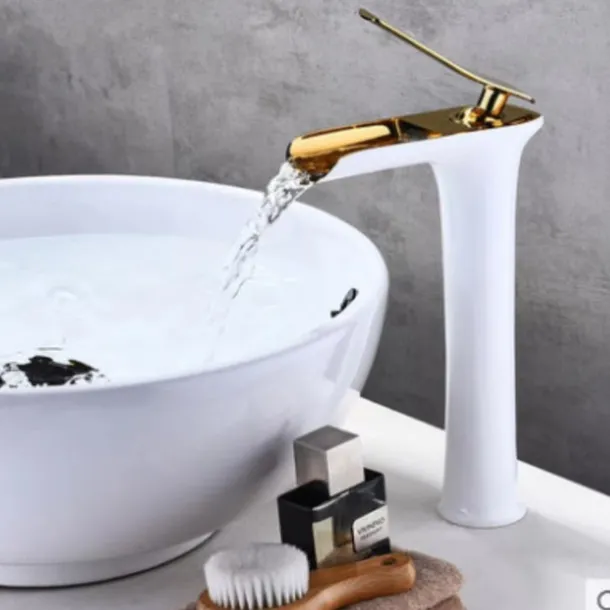 Waterfall Bathroom Sink Mixer Faucet Tall, Mono Wash Basin Single Handle Basin Taps Washroom with Hot and Cold Hose Monobloc Vessel Water Brass Tap Deck Mounted Grey Black Golden