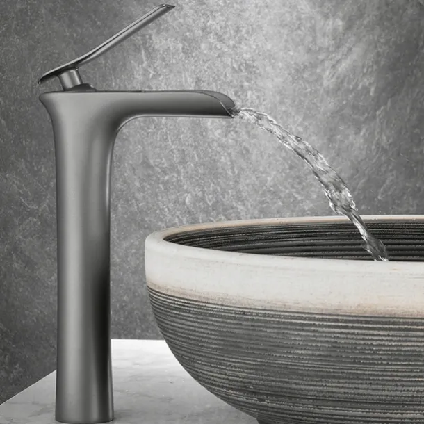 Waterfall Bathroom Sink Mixer Faucet Tall, Mono Wash Basin Single Handle Basin Taps Washroom with Hot and Cold Hose Monobloc Vessel Water Brass Tap Deck Mounted Grey Black Golden