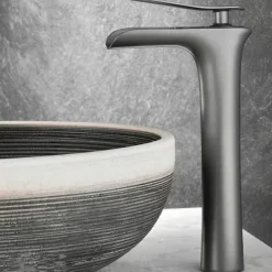 Waterfall Bathroom Sink Mixer Faucet Tall, Mono Wash Basin Single Handle Basin Taps Washroom with Hot and Cold Hose Monobloc Vessel Water Brass Tap Deck Mounted Grey Black Golden
