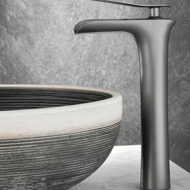 Waterfall Bathroom Sink Mixer Faucet Tall, Mono Wash Basin Single Handle Basin Taps Washroom with Hot and Cold Hose Monobloc Vessel Water Brass Tap Deck Mounted Grey Black Golden