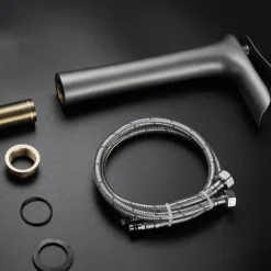 Waterfall Bathroom Sink Mixer Faucet Tall, Mono Wash Basin Single Handle Basin Taps Washroom with Hot and Cold Hose Monobloc Vessel Water Brass Tap Deck Mounted Grey Black Golden