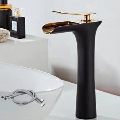 Waterfall Bathroom Sink Mixer Faucet Tall, Mono Wash Basin Single Handle Basin Taps Washroom with Hot and Cold Hose Monobloc Vessel Water Brass Tap Deck Mounted Grey Black Golden