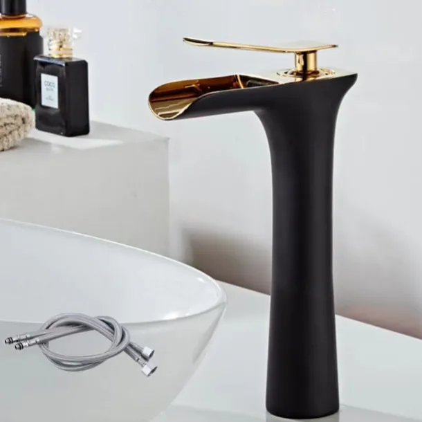 Waterfall Bathroom Sink Mixer Faucet Tall, Mono Wash Basin Single Handle Basin Taps Washroom with Hot and Cold Hose Monobloc Vessel Water Brass Tap Deck Mounted Grey Black Golden