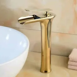 Waterfall Bathroom Sink Mixer Faucet Tall, Mono Wash Basin Single Handle Basin Taps Washroom with Hot and Cold Hose Monobloc Vessel Water Brass Tap Deck Mounted Grey Black Golden